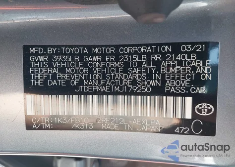 2021 Toyota Corolla Le z USA, uszkodzony, nr VIN JTDEPMAE1MJ179250